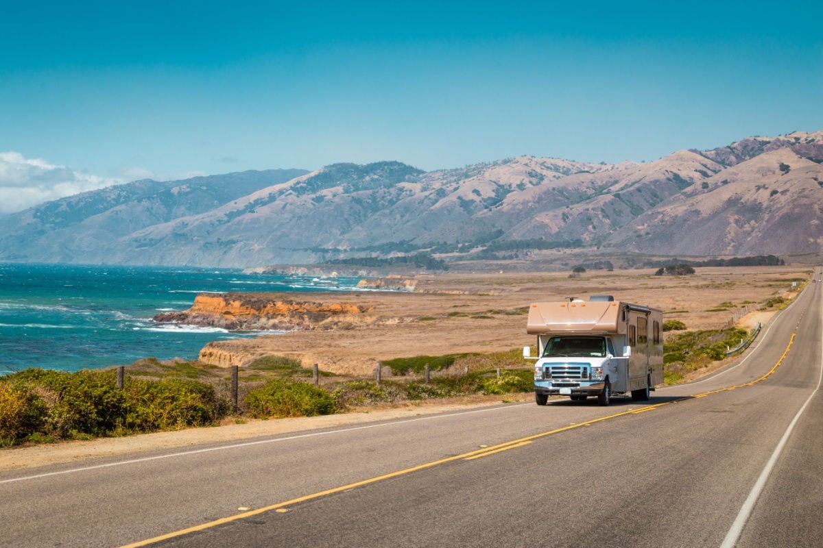 recreational vehicle driving on famous Highway 1 along the beautiful Central Coast of California, Big Sur, USA